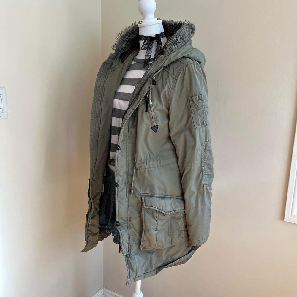 Vintage Y2K Bella Swan Green Fur Trim Military Cargo Parka Coat Jacket Hoodie M - Picture 6 of 14